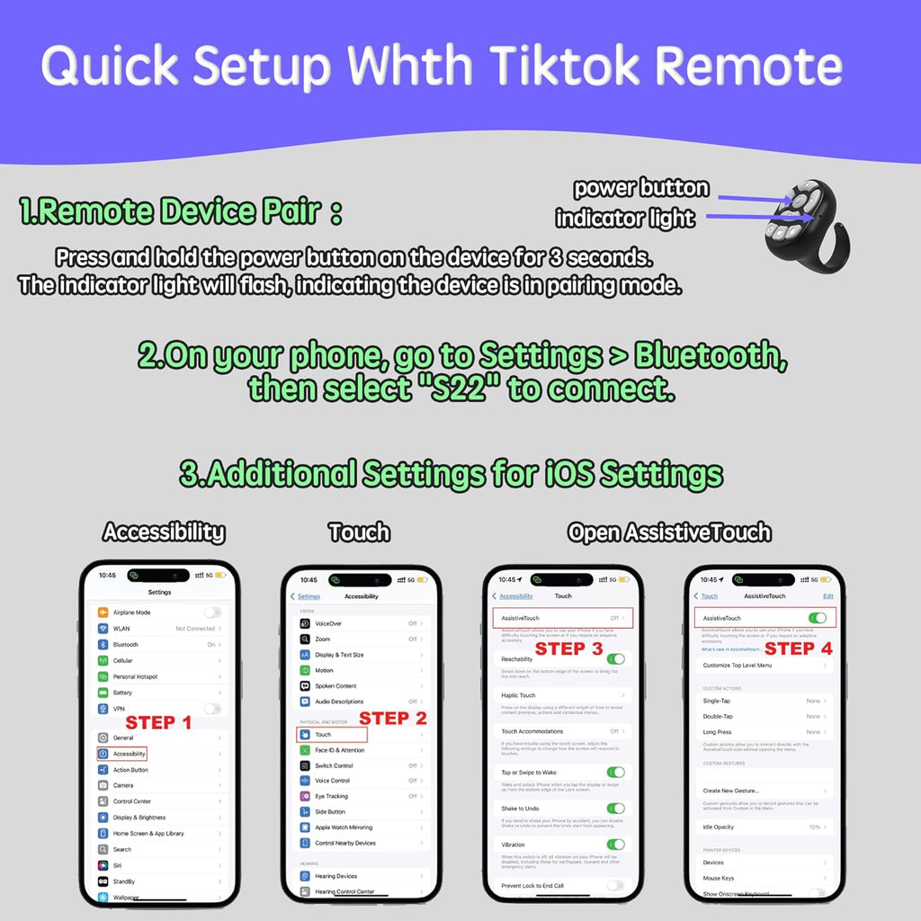 TikTok Scrolling Ring Microphone Remote Control,Fingertip Wireless Bluetooth Remote Control;for iPhone,Google Pixel,Samsung Phone (Black)
