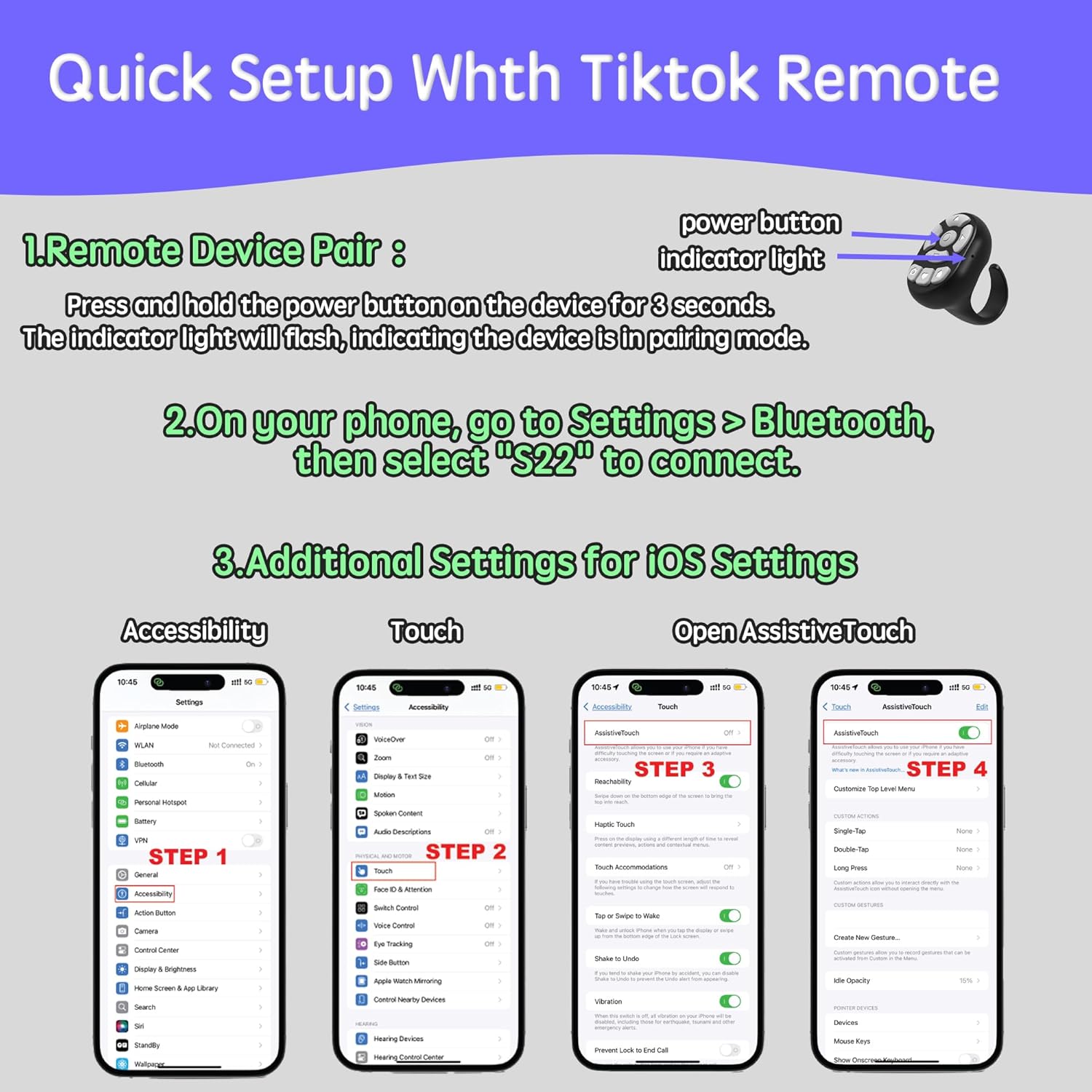 TikTok Scrolling Ring Microphone Remote Control,Fingertip Wireless Bluetooth Remote Control;for iPhone,Google Pixel,Samsung Phone (Black)