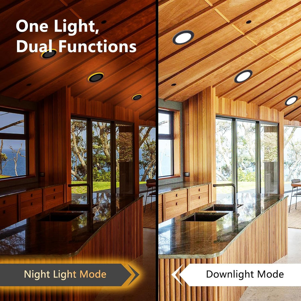 CycevSun 24 Pack Black Recessed Lights 6 Inch with Night Light, Canless Ultra Thin Wafer Downlight Indoor Outdoor Exterior Soffit, Dimmable & 5 Color Selectable, 12W, ETL Listed