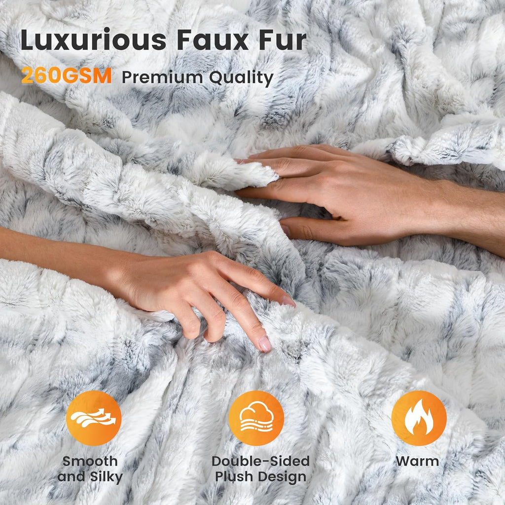 WOOMER Heated Blanket Full Size 77" x 84", Electric Blanket with 0.5-12 Hours Timer & 10 Heating Levels, ETL Certified, Marble Blue Double-Sided Faux Fur, Over-Heat Protect, Machine Washable