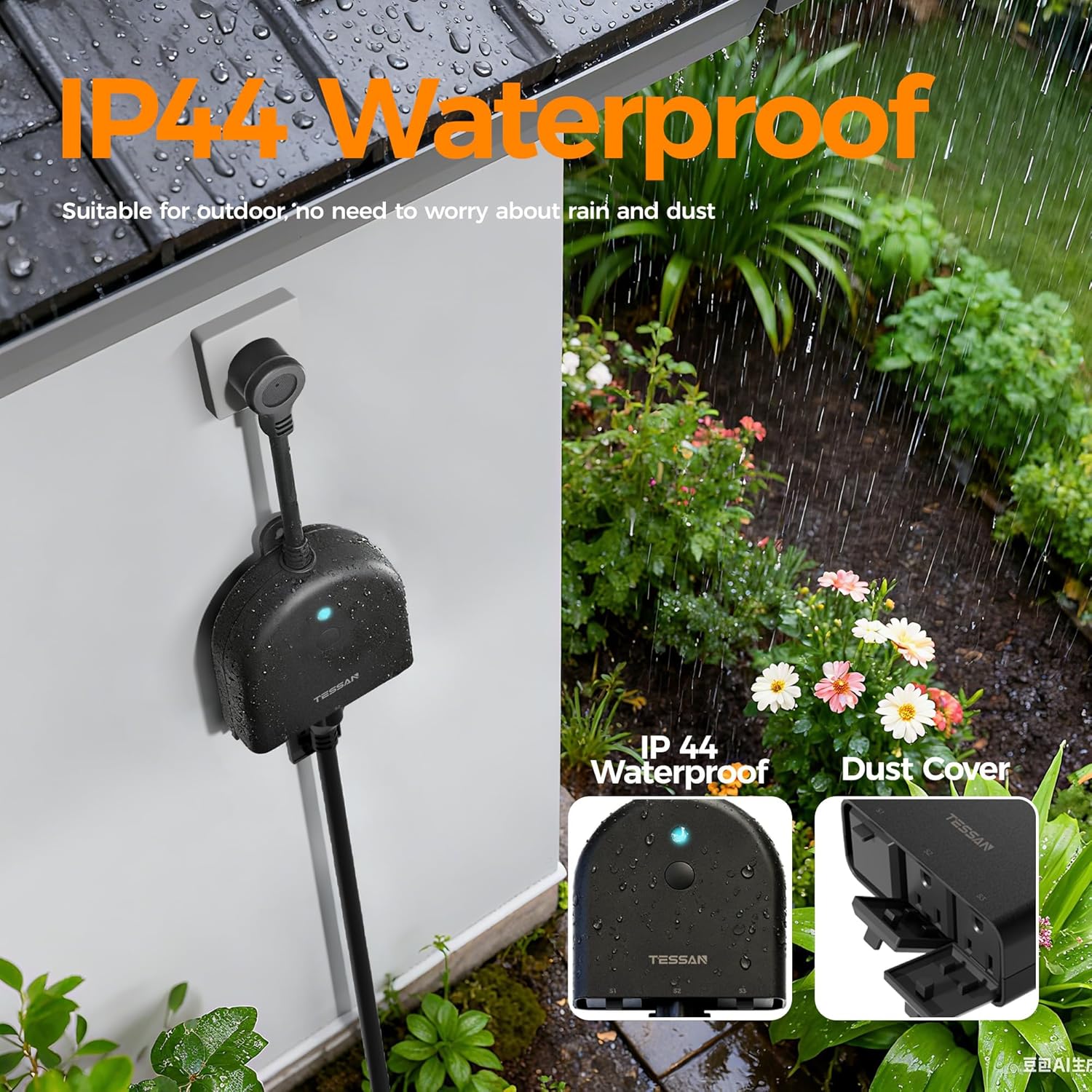 TESSAN Outdoor Smart Plug Waterproof, 2.4GHz WiFi Only, WiFi Smart Outlet with 3 Individual Sockets Compatible with Alexa and Google Home, Remote Control and Timer Function