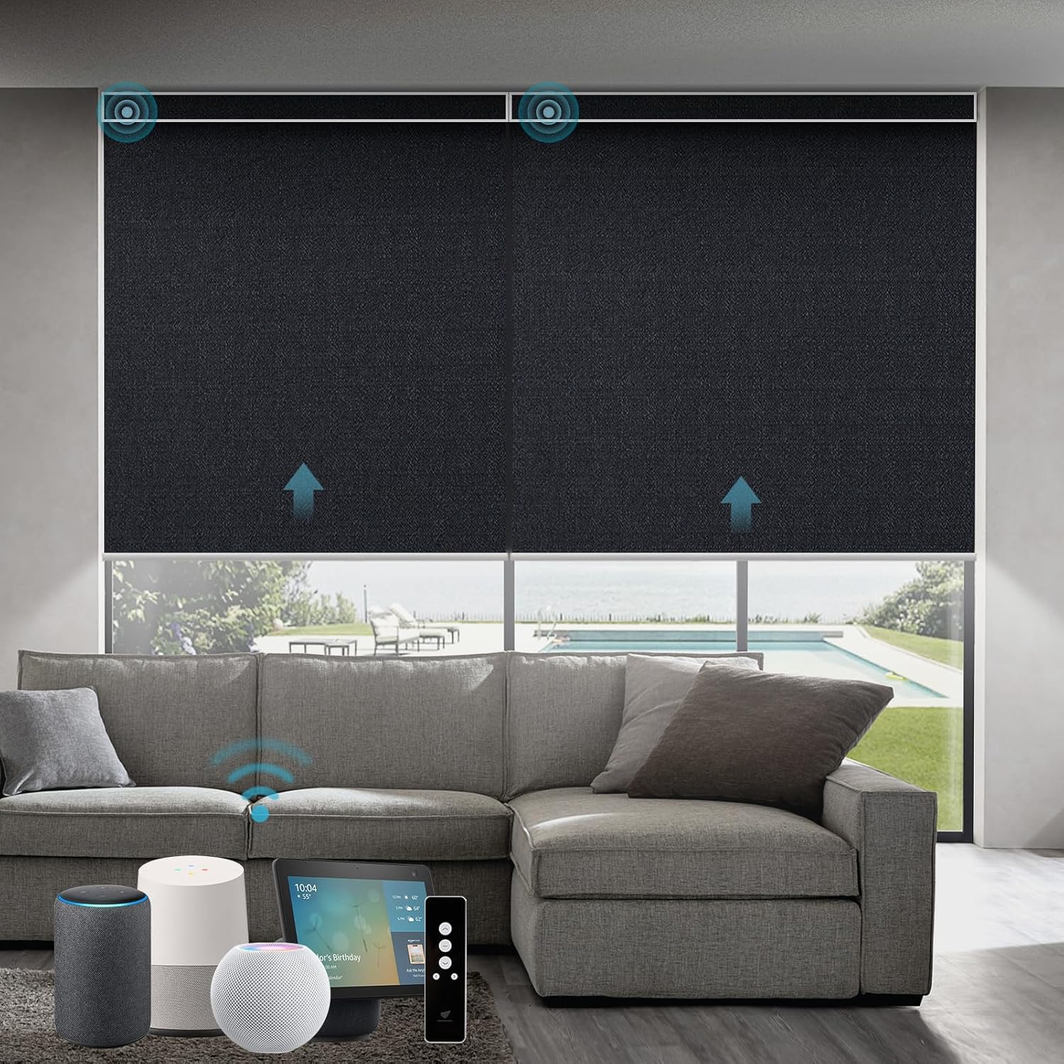 SmartWings Motorized Blackout Roller Blinds Work with Matter Homekit Z-Wave Thread Alexa Google, Smart Window Shades for Bedroom, Cordless Remote Control Customized 16"-110" W, Eclipse Onyx Black