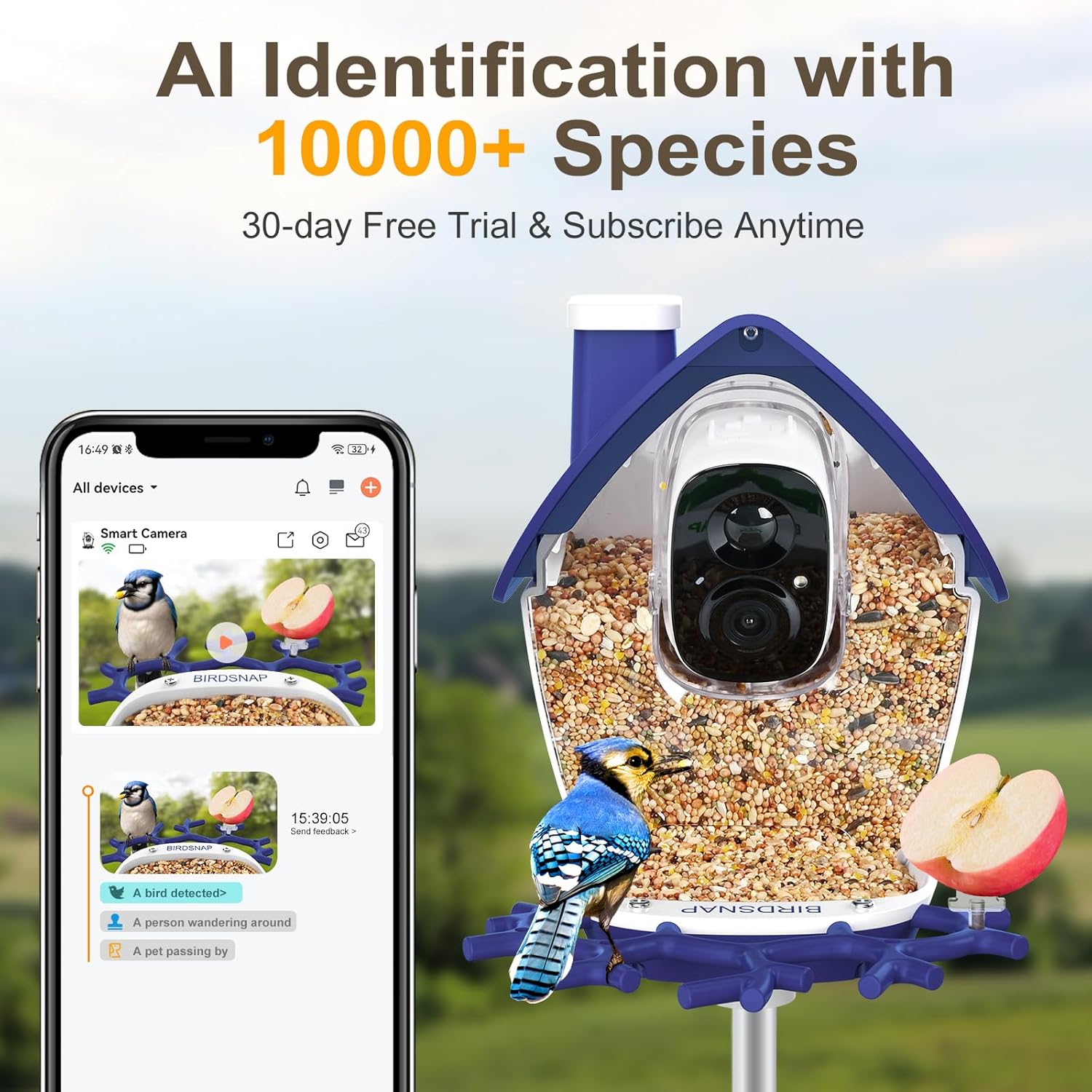 birdsnap® P33 - Smart Bird Feeder with Camera Solar Powered, 2K Video Bird Camera Feeder Live with 32GB Card, AI Identify Feather Species, Auto Record in Backyard, Ideal Gift for Birds Lover