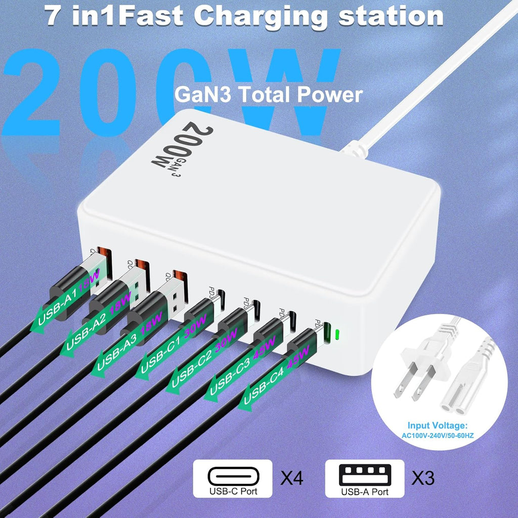 USB C Charger 200W USB C Charger Block, Upgraded GaN 7-Port Fast Charging Station Hub, Laptop Charger Adapter, Compatible with MacBookAir/Pro, DELL, iPhone16/15, iPad, Steam (White)