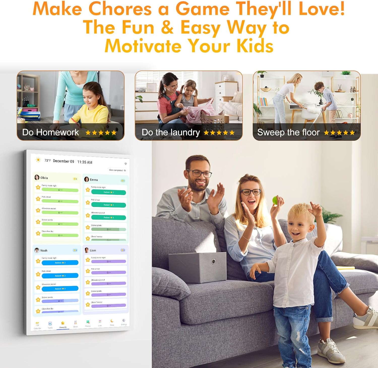 Smart Calendar Digital Frame Chore-Chart-for-Planner - 24 Inch Electronic Calendar for Family Schedules, Touchcreen Interactive Display, Auto-Sync Google/iCloud/Outlook Calendars, Selectable Reminders