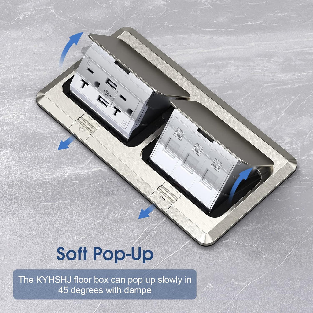 KYHSHJ Dual Pop-Up Floor Electrical Outlet Box Kit，20 Amp Stainless Steel USB TR Receptacle Outlet，3-Port RJ45 Datacom Receptacle，Waterproof Gasket with IP44 Waterproof Rating, Stainless Steel Color