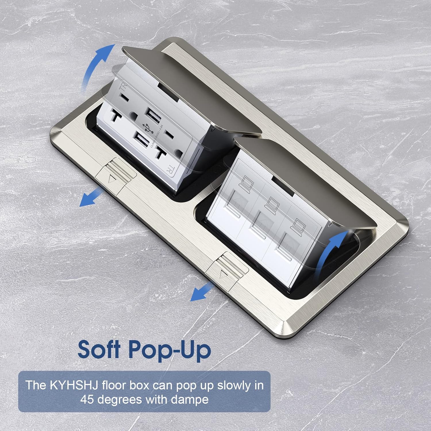 KYHSHJ Dual Pop-Up Floor Electrical Outlet Box Kit，20 Amp Stainless Steel USB TR Receptacle Outlet，3-Port RJ45 Datacom Receptacle，Waterproof Gasket with IP44 Waterproof Rating, Stainless Steel Color