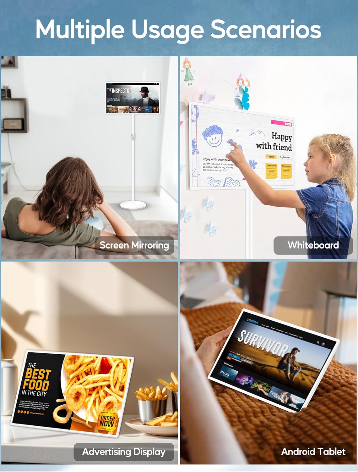 15.6" Digital Signage with 10000mAh Battery, Capacitive Touchscreen Advertising Display, Adjustable Stand, Android 11 Commercial LCD Monitor with Auto Play, Wireless Screen Mirroring, 8+128GB, White