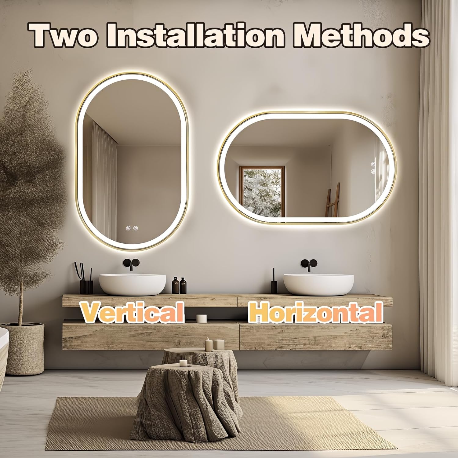 Niccy Oval LED Mirror for Bathroom, 48x30 Front Lit + Backlit Vanity Mirrors with Light Anti-Fog, Shatter-Proof, 3 Colors, Makeup Mirror with Old Gold Frame (Horizontal/Vertical)