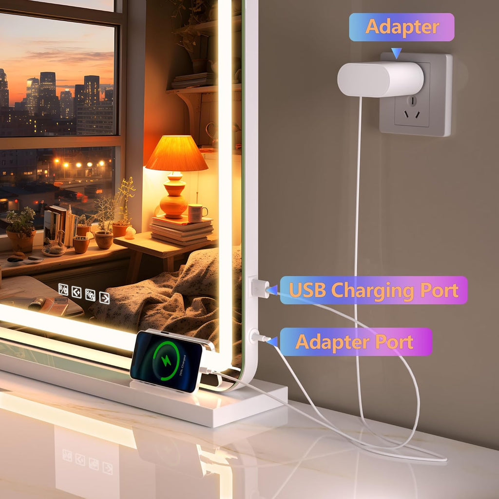 Hasipu Vanity Mirror with Lights and Bluetooth Speaker, 20" x 25" LED Makeup Mirror, Light up Mirror with 10X Magnification and USB Charging Port, Smart Touch 3 Colors Dimmable (White)