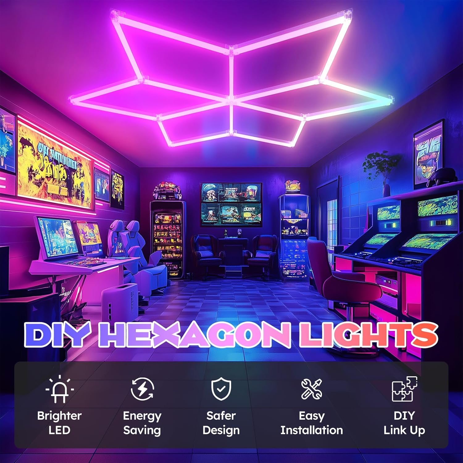 RGB Hexagon Garage Lights - 356 Colors Mode with Music Sync, 18-Piece LED Honeycomb Light Set for Garages, Workshops, Man Caves, Bedroom, Bars