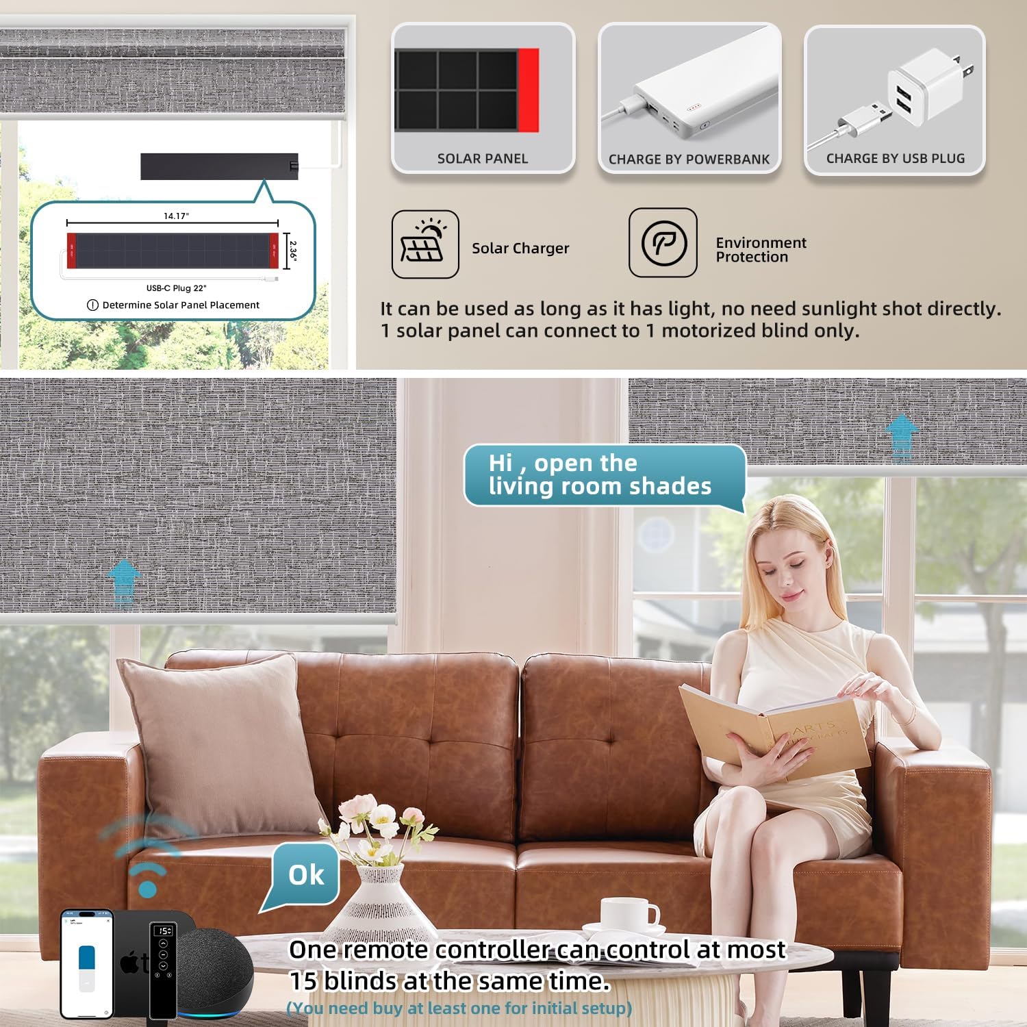 SmartWings Motorized 100% Blackout Shades Blinds, Custom Size, Cordless Window Shades with Rechargeable Battery, Work with Matter/Apple HomeKit, Alexa, Thread/Zigbee, Remote Optional, afar Midnight