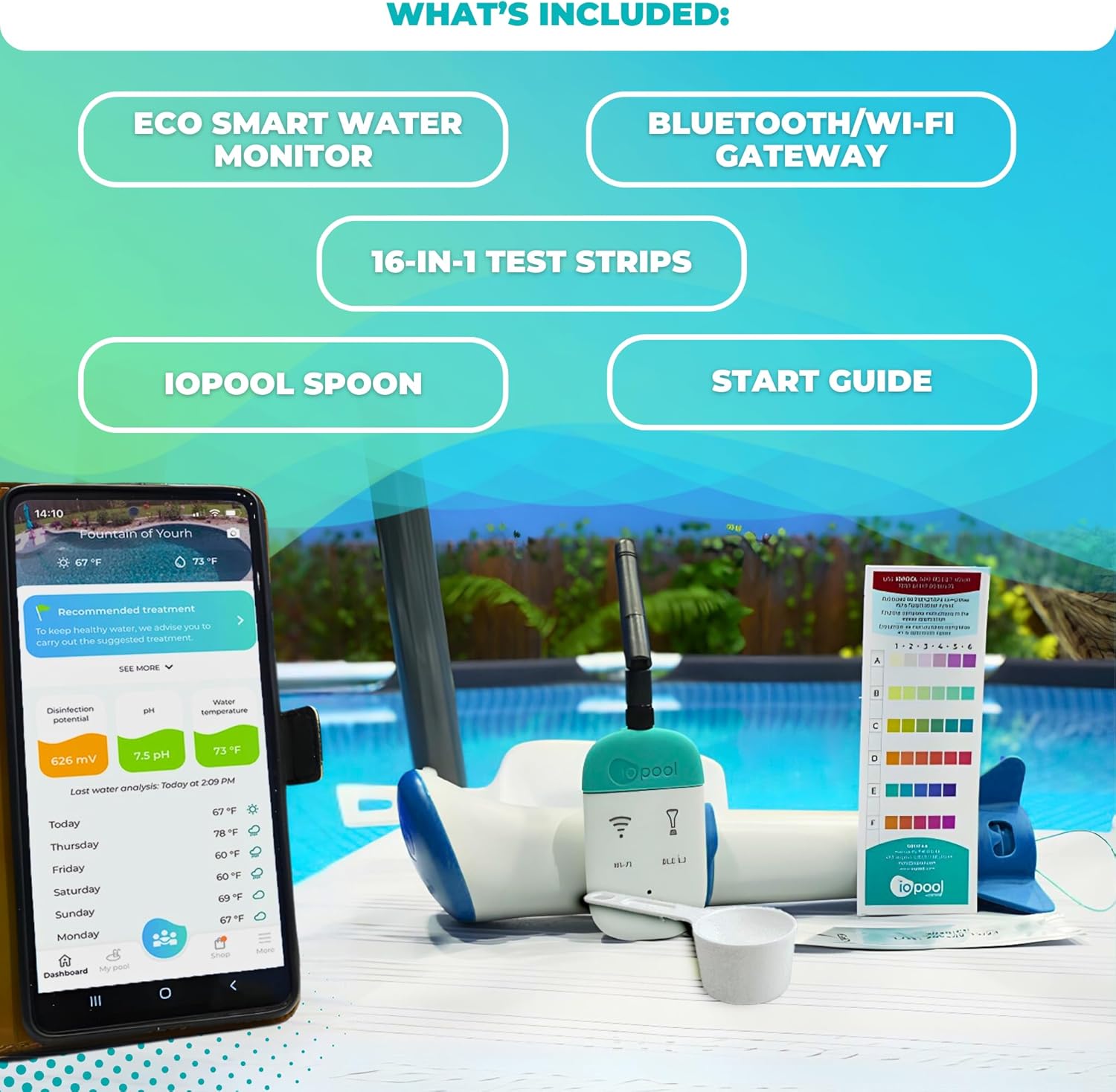 iopool Smart Water Monitor - Works for Saltwater, Chlorine & Bromine Pools, Hot Tubs, & Swim Spas - Gives Precise Dosage recommendations.