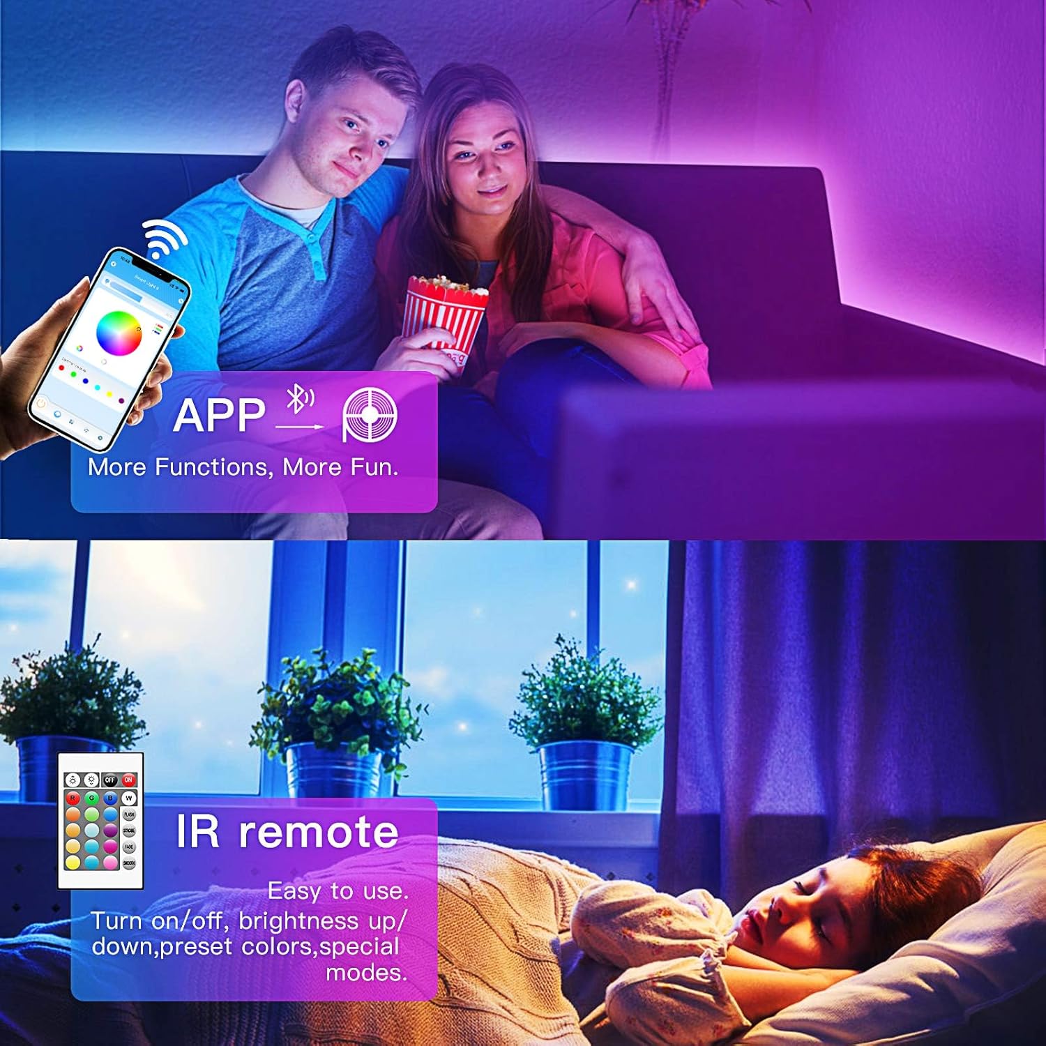 TJOY 60ft Bluetooth LED Strip Lights, Music Sync LED Lights Strip,RGB Color Changing Lighting with Remote,Smart Phone APP Control,Lighting for Bedroom,Ceiling,Room DIY(APP+Remote +Mic/60ftx1)