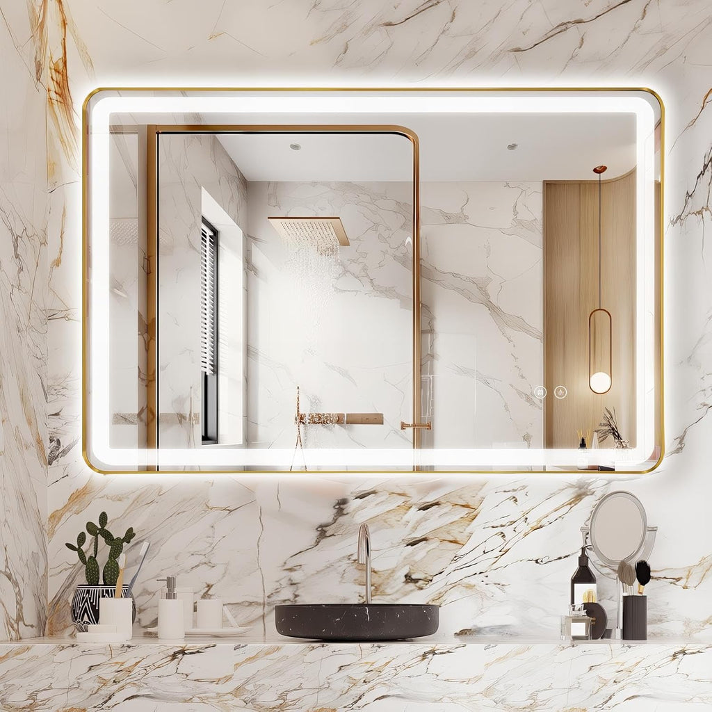 Rectangle LED Bathroom Mirror, 48"x30" Anti-Fog Double Touch Lighted Wall Vanity Mirror 45° Beveled Metal Frame Stepless Adjustable Color Temperature Smart Mirror 3000K-6000K, Gold