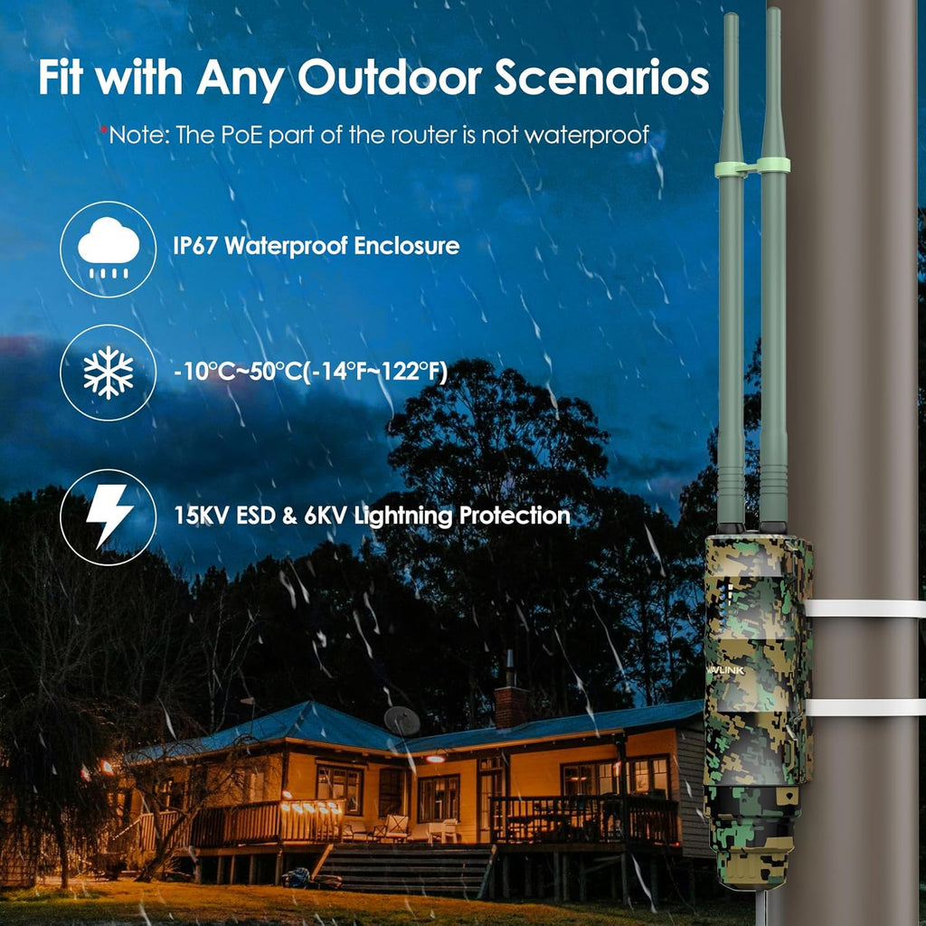 WAVLINK AC1200 Outdoor Long Range Wi-Fi Extender,Dual Band Outdoor Access Point with Active/Passive PoE,WAN/LAN Port,IP67 Waterproof,Supports AP/Router/Repeater Mode,2x7dBi Antennas-Greenwood