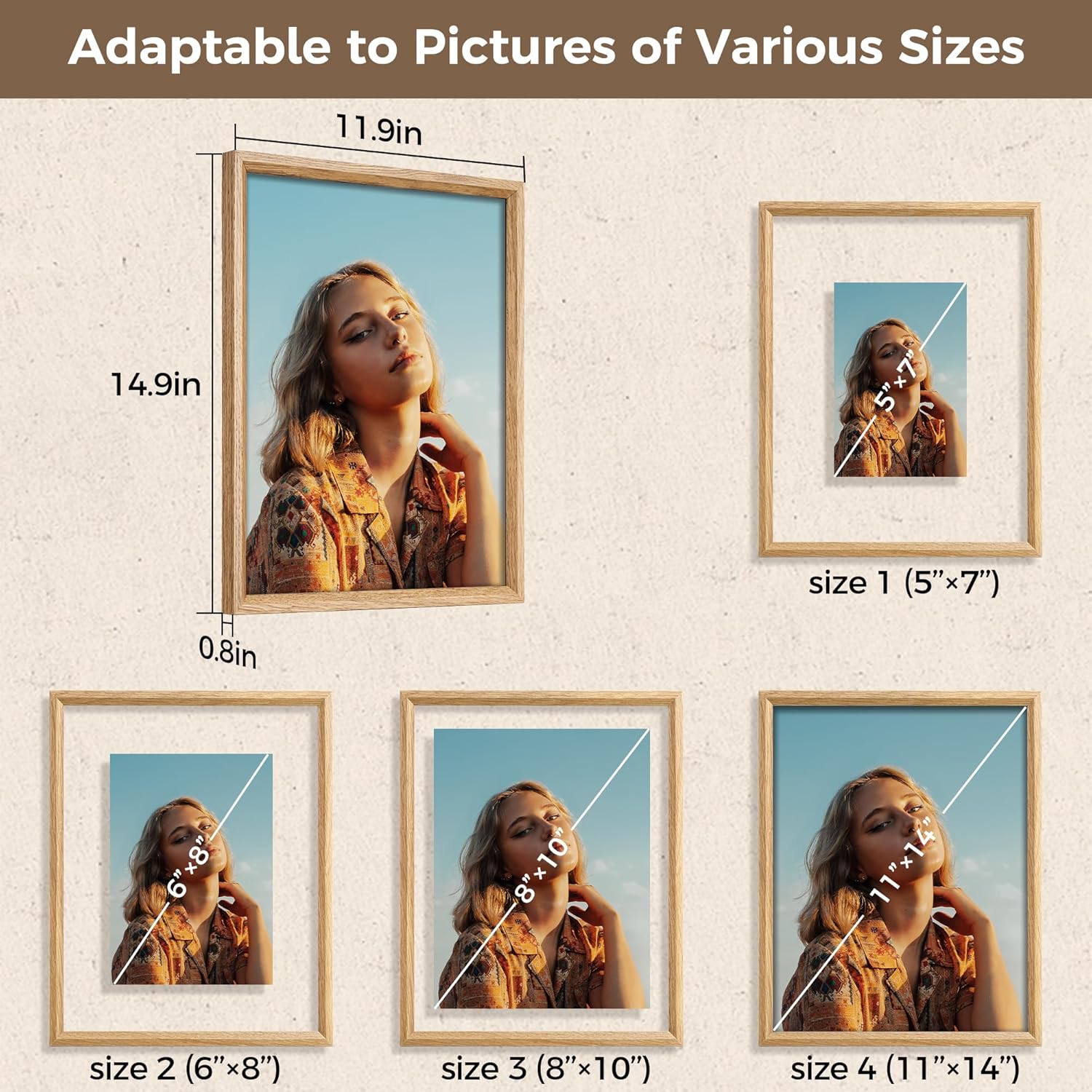 Axeman 11x14 Floating Picture Frame - Solid Oak Wood Square Picture Frame, Double Tempered Glass Photo Frame 4x6 5x7 8x10 11''x14'' Wood Frame, Wall Mount Or Tabletop Standing, Natural