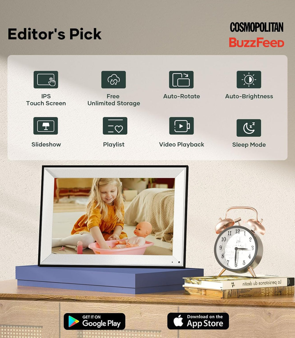 Cozyla 10.1'' WiFi Digital Picture Frame AI-Enhanced Free Unlimited Storage Auto-Rotate Share Photo＆Video via Apps from Phone Smart Digital Photo Frame Electric Picture Frame Slideshow Display Mat