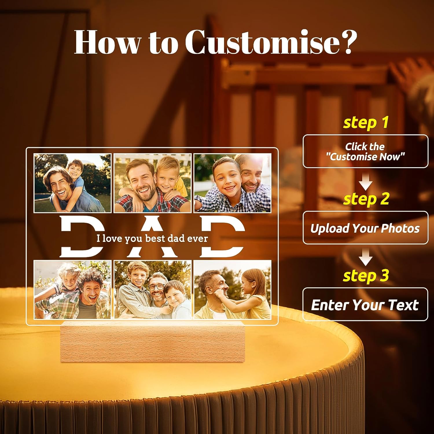 Personalized Gifts for Dad from Daughter and Son, Custom Picture Frames with Photos, Personalized Photo Frame with Night Light, Customized Birthday Gifts for Dad Baby Kid Family