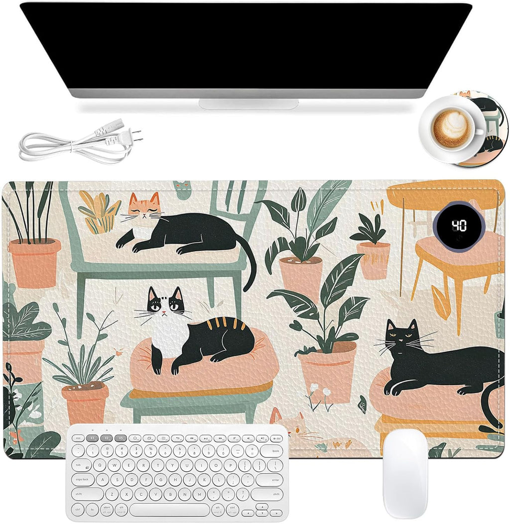 Heated Mouse Pad, Warm Desk Pad, Keyboard Mat 23.6 x 14 Inch Large Size Intelligent Fast Heating, 3 Speed Adjustable, Timed Auto Power Off for Game Office Home, Cartoon Cat Bed