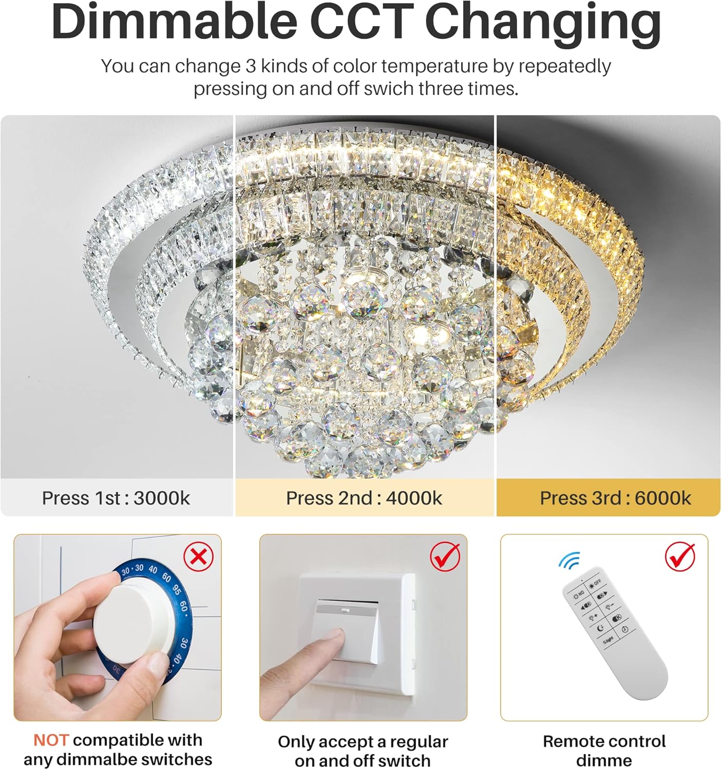 Elegant LED Crystal Raindrop Ceiling Light, 24" Flush Mount Chandelier Light Fixture with Remote Control for Living Room Kitchen Island Bedroom Hallway Entryway Foyer(Dimmable)