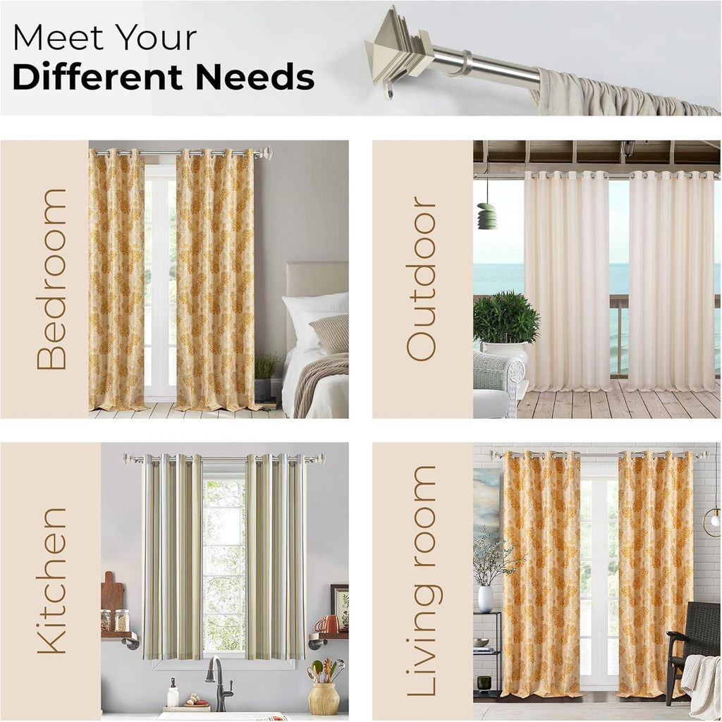 Deco Window 1 Inch Adjustable Satin Silver Curtain Rod for Windows & Doors Curtains with Square Finials & Brackets Set - 36" to 66"