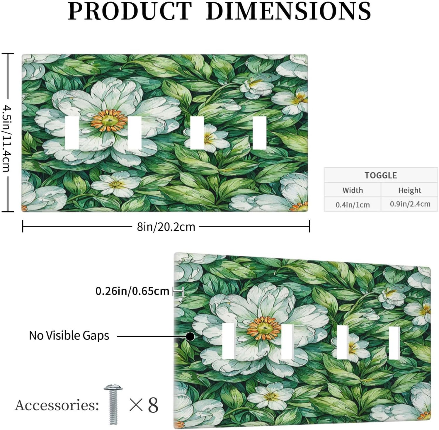 Vintage Floral White Flowers Green Plants Leaves Light Switch Covers Quad Toggle 4 Gang Wall Plate Decorative Switch Plates Electrical Faceplate for Bedroom Bathroom Decor
