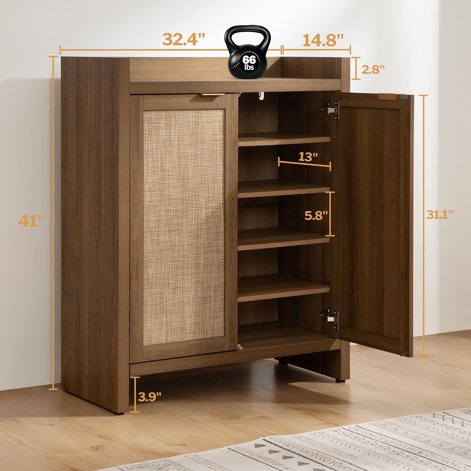 SICOTAS Shoe Cabinet Set of 3, Large Capacity Shoe Storage Organizer Cabinet, Tall Rattan Shoe Cabinet with Doors and Shelves, 6-Tier Farmhouse Boho Wooden Storage Cabinet for Entryway Hallway