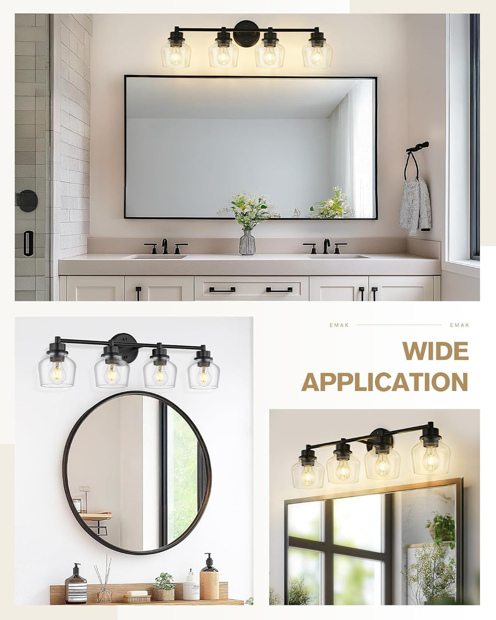 Emak 4-Light Bathroom Vanity Light, 29 Inch Black Bathroom Light Fixtures Over Mirror with Clear Glass Shade, Modern Farmhouse Vanity Lights for Mirror, Bath, VL122-BK-CG-4