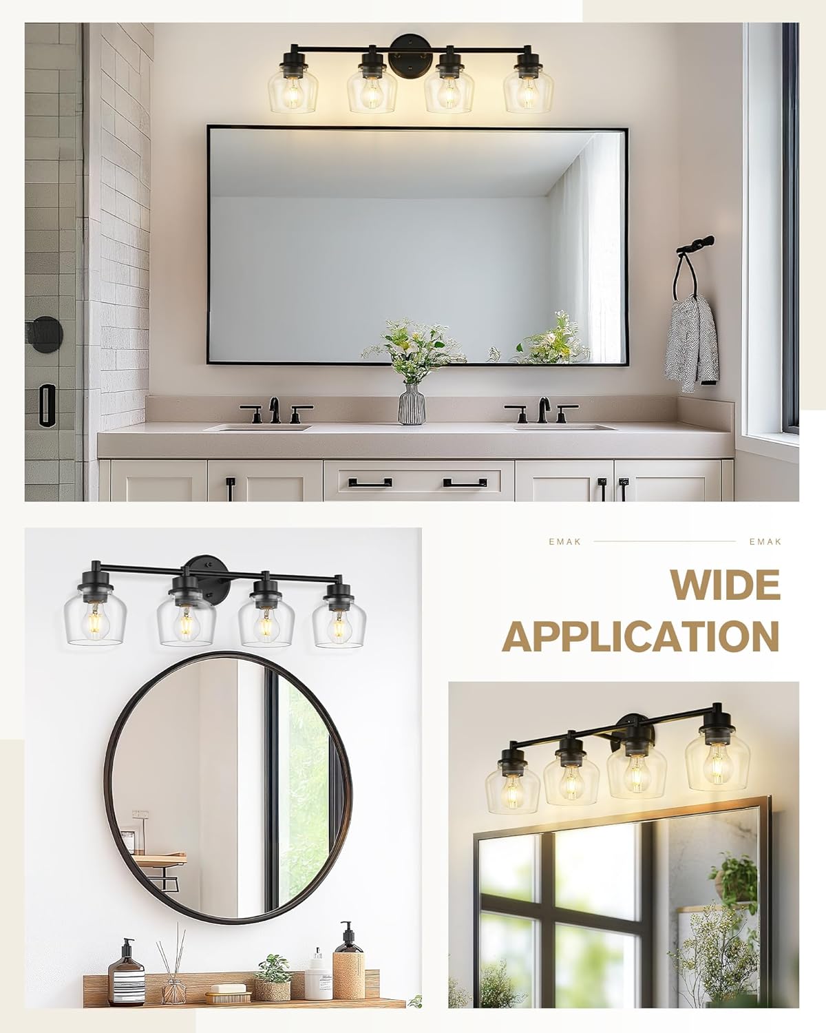 Emak 4-Light Bathroom Vanity Light, 29 Inch Black Bathroom Light Fixtures Over Mirror with Clear Glass Shade, Modern Farmhouse Vanity Lights for Mirror, Bath, VL122-BK-CG-4