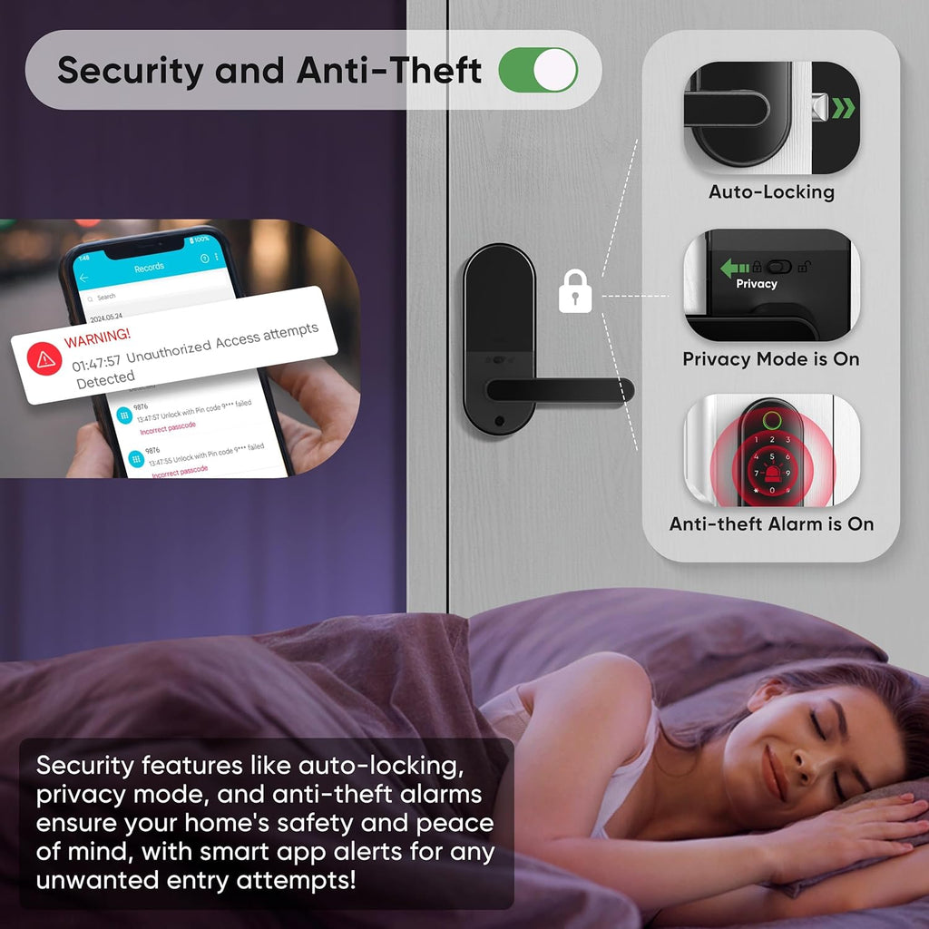 Keyless Entry Fingerprint Digital Smart Lock with Handle & Keypad: Electronic/Electric Lock with Code, App Control Biometric Deadbolt Door Knob for Front, Interior, Exterior & Bedroom Door (Black)