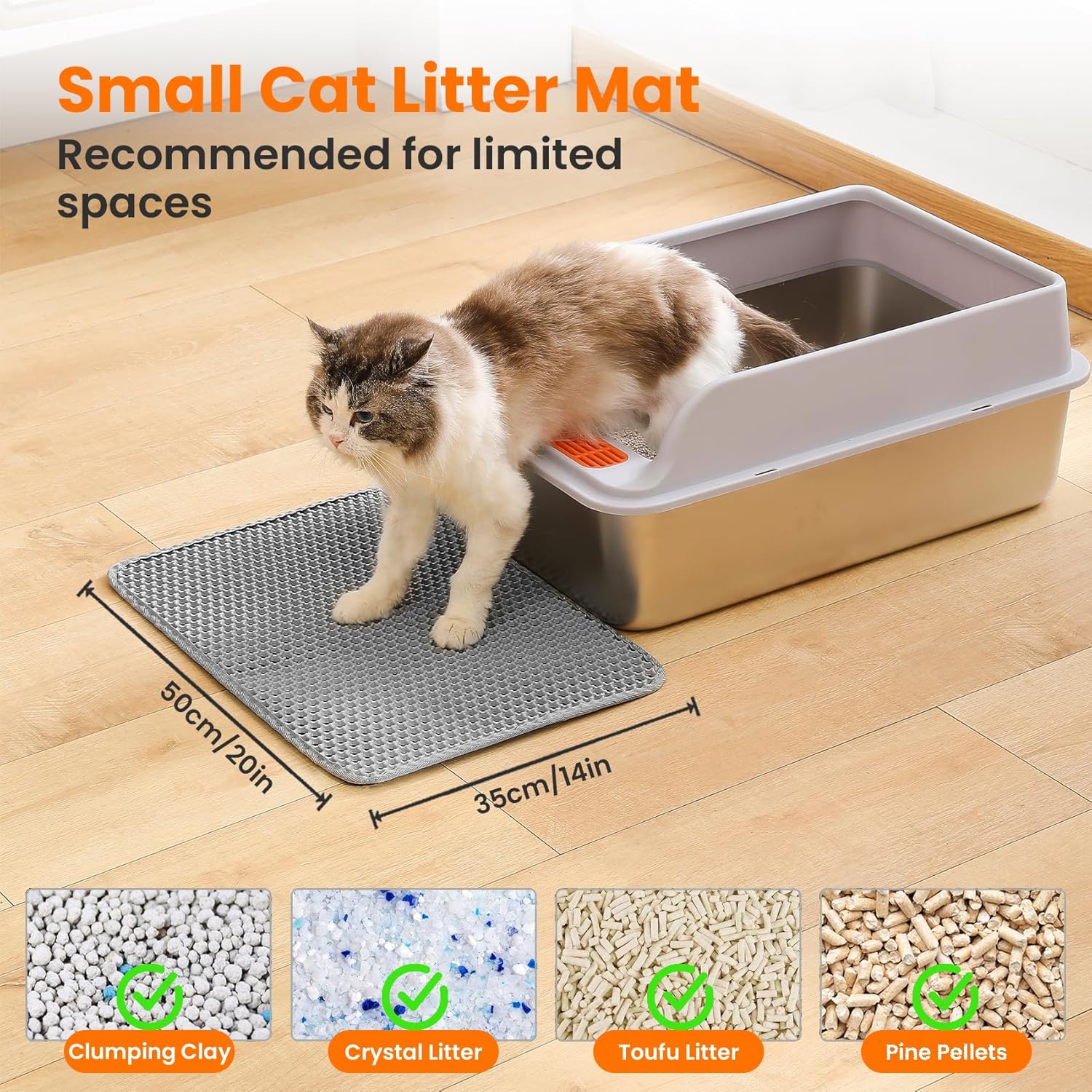 Small Cat Litter Mat, 20x14’’ Double Layer Honeycomb Cat Litter Box Mat, Non Slip Waterproof Urine Proof Litter Trapping Mat for Floor, Kitty Litter Pad, Indoor Pet Supplies, Gray