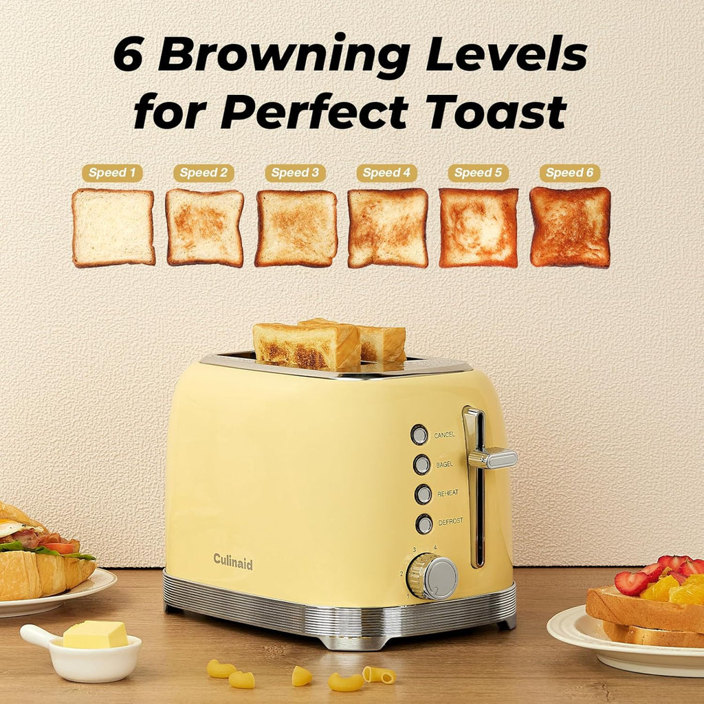 Toaster 2 Slice Retro Stainless Steel with 1.5” Extra Wide Slots Bagel, Defrost, Reheat, Cancel Functions, 6 Bread Shade Settings, Removable Crumb Tray, Yellow