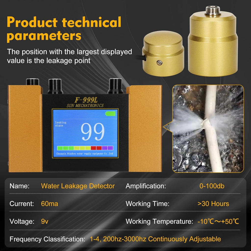 Underground Water Leak Detector, Water Pipe Leak Detector, Two Size Sensors Precise Positioning, High-Sensitivity Digital Display Leakage Sensor, Carrying Case