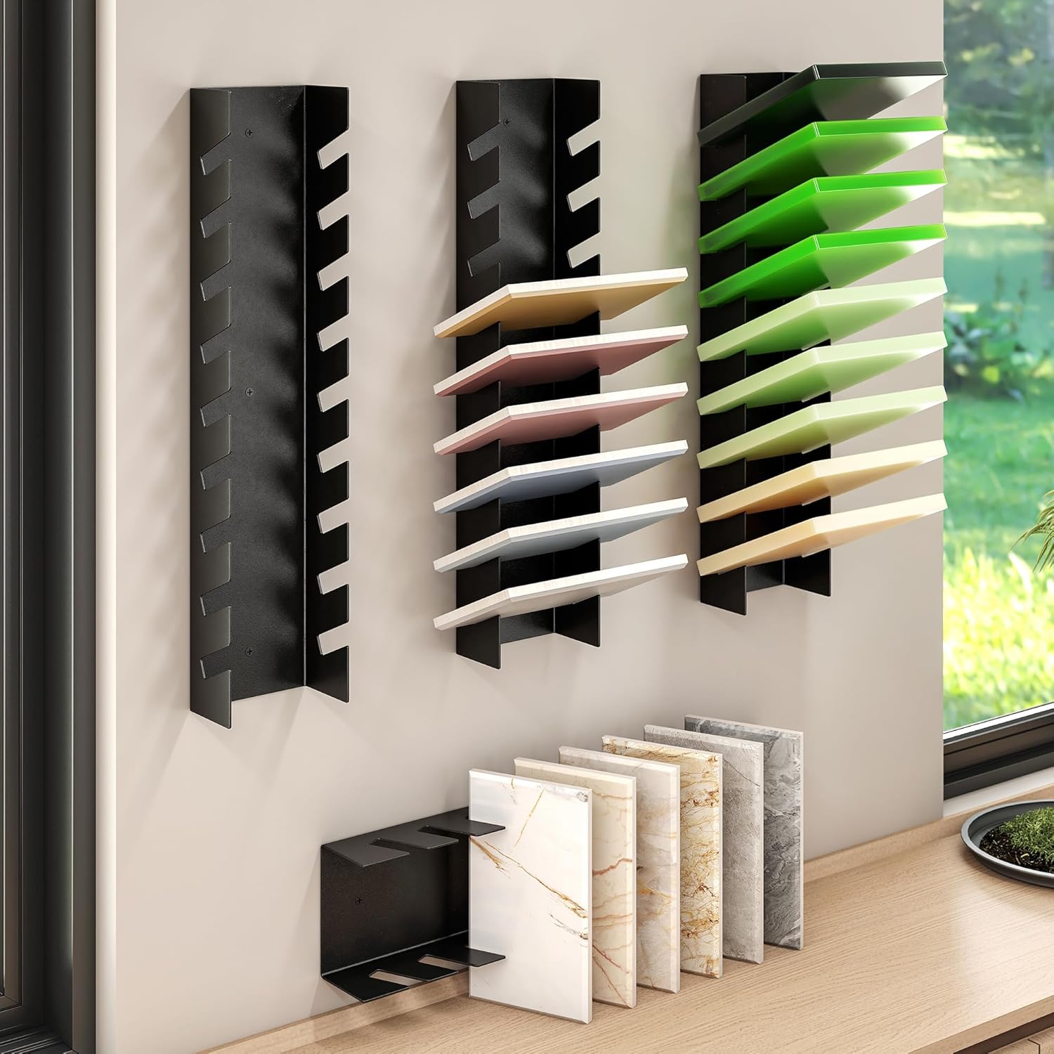 Small Tile Display Rack, Wall Mounted Tile Sample Storage Rack for Retail Stores, 9 Slots Tile Sample Storage Organizer for Wall, Floor Tiles Sample Holder for Trade Show Display