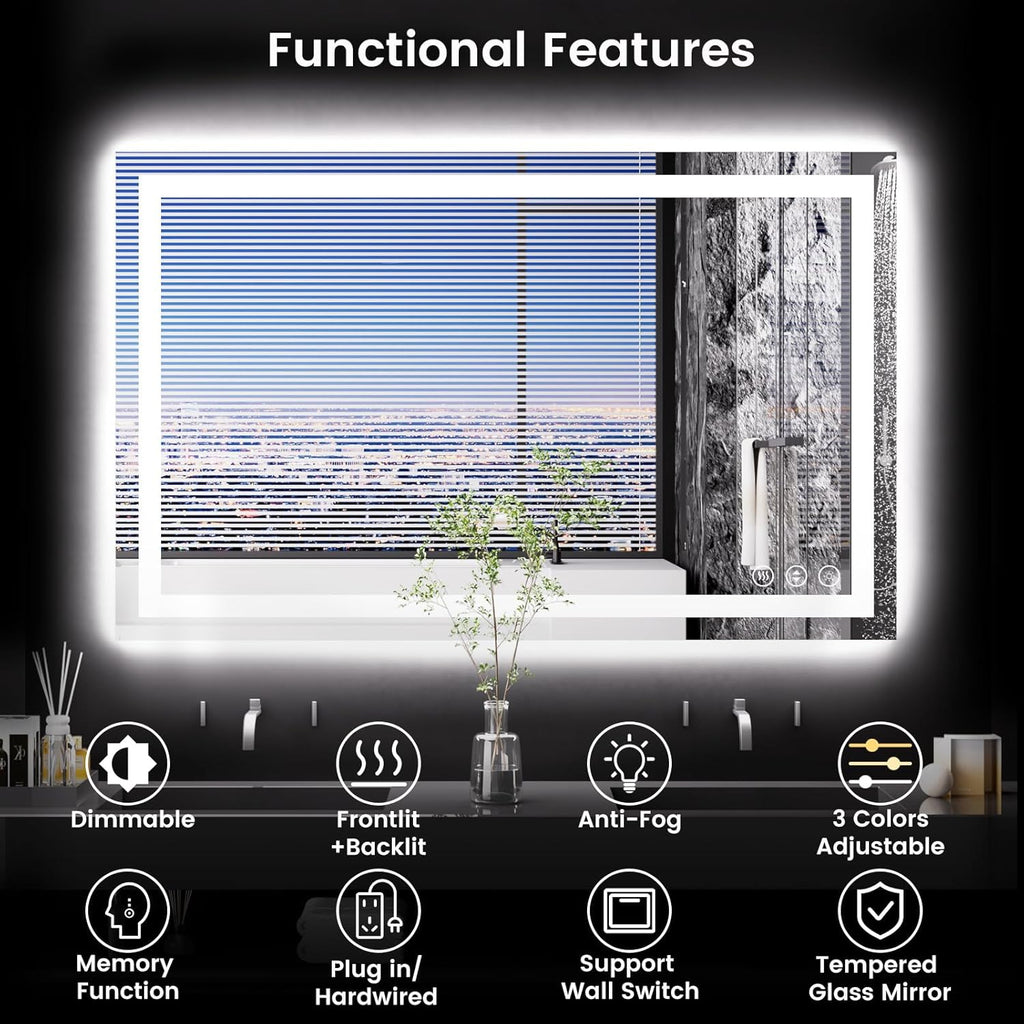 48X30 LED Bathroom Mirror with Lights, Anti-Fog, Backlit + Front Lit, Lighted Bathroom Vanity Mirror for Wall, Memory Function, Dimmable, Tempered Glass, Shatter-Proof