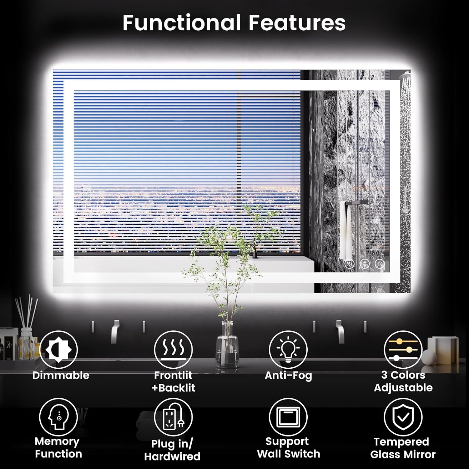 48X30 LED Bathroom Mirror with Lights, Anti-Fog, Backlit + Front Lit, Lighted Bathroom Vanity Mirror for Wall, Memory Function, Dimmable, Tempered Glass, Shatter-Proof