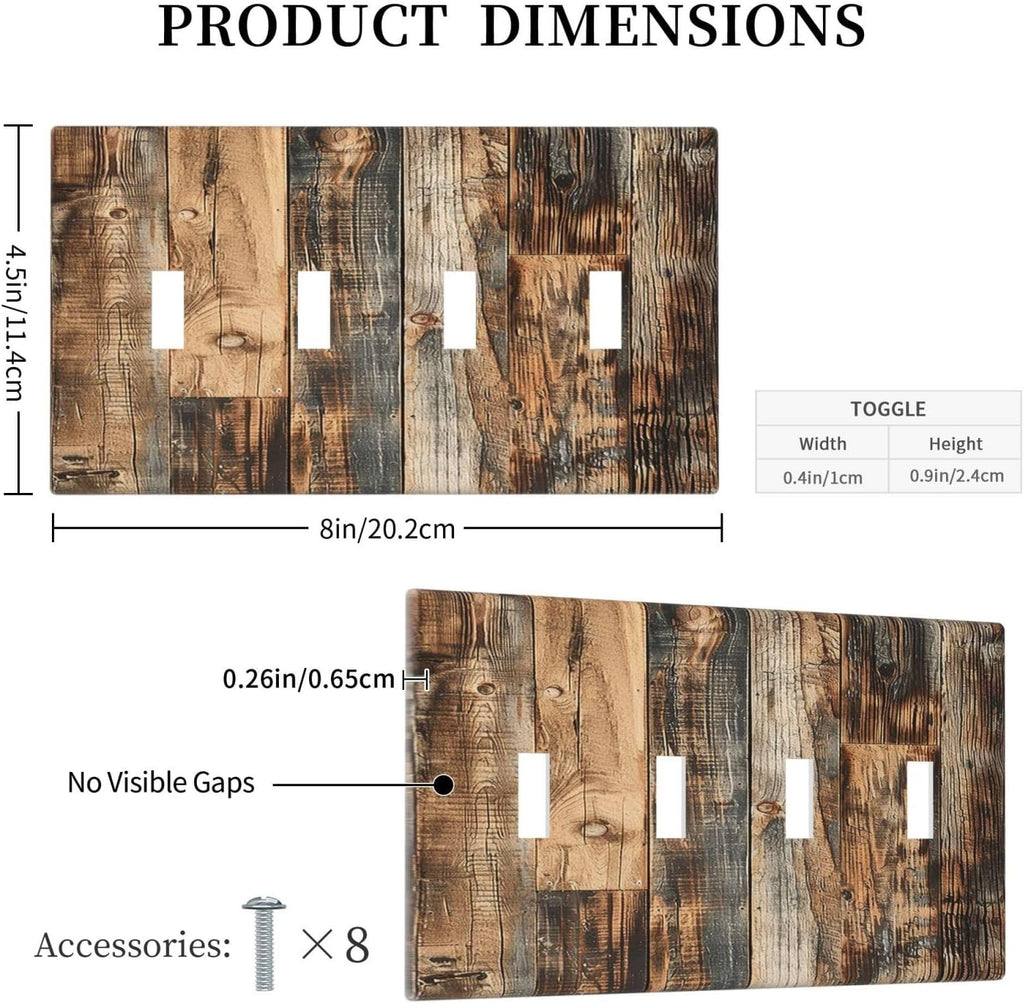 Light Switch Covers Rustic Brown Wood Pattern Splice Plank Quad Toggle Electrical Faceplate 4 Gang Wall Plate Decorative Switch Plates For Farmhouse Cabin Decor