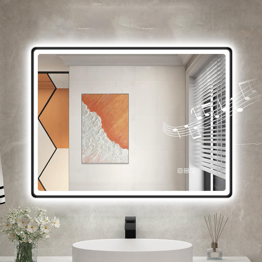 STARLEAD 24"x32" LED-Bathroom-Mirror-with-Lights, Wall-Mounted with Bluetooth, Anti-Fog, 3 Color Temperature Dimmable Brightness, Waterproof, Tempered Glass, Frontlit & Backlit, Black Frameless