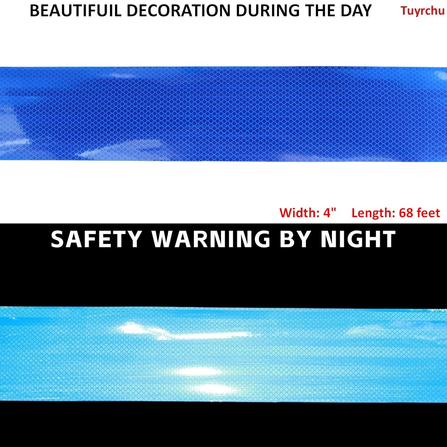 Non Fading Blue Reflective Tape Outdoor Waterproof 4 inch, High Visibility Warning Industrial Marking Tape, Safety Stickers (68 feet)