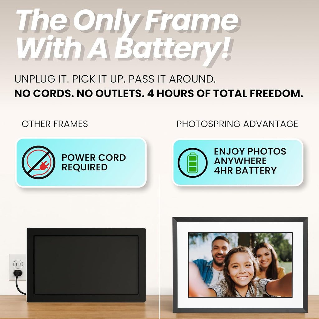 PhotoSpring w/Battery, 10in WiFi Digital Frame, No Subscription, Email App Web, USA Company, 32gb, Touch Screen, Play Videos up to 5 mins