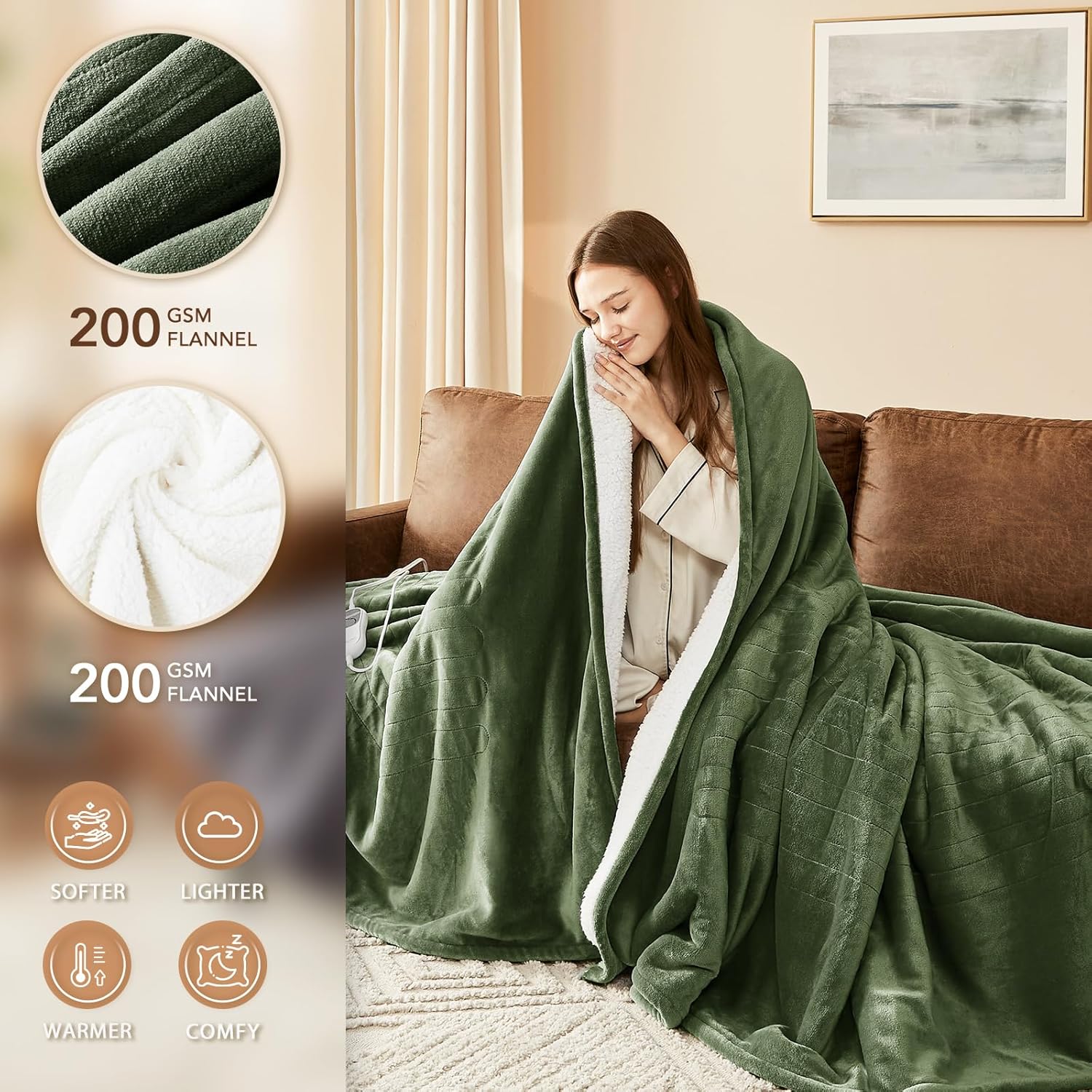 Homemate Electric Heated Blanket King - 100"x90" Heating Bed Blankets Throw with 10 Heating Levels 8 Hours Auto Off Fast Heating Over-Heated Protection Ultra Soft Warm Flannel ETL Certified Green