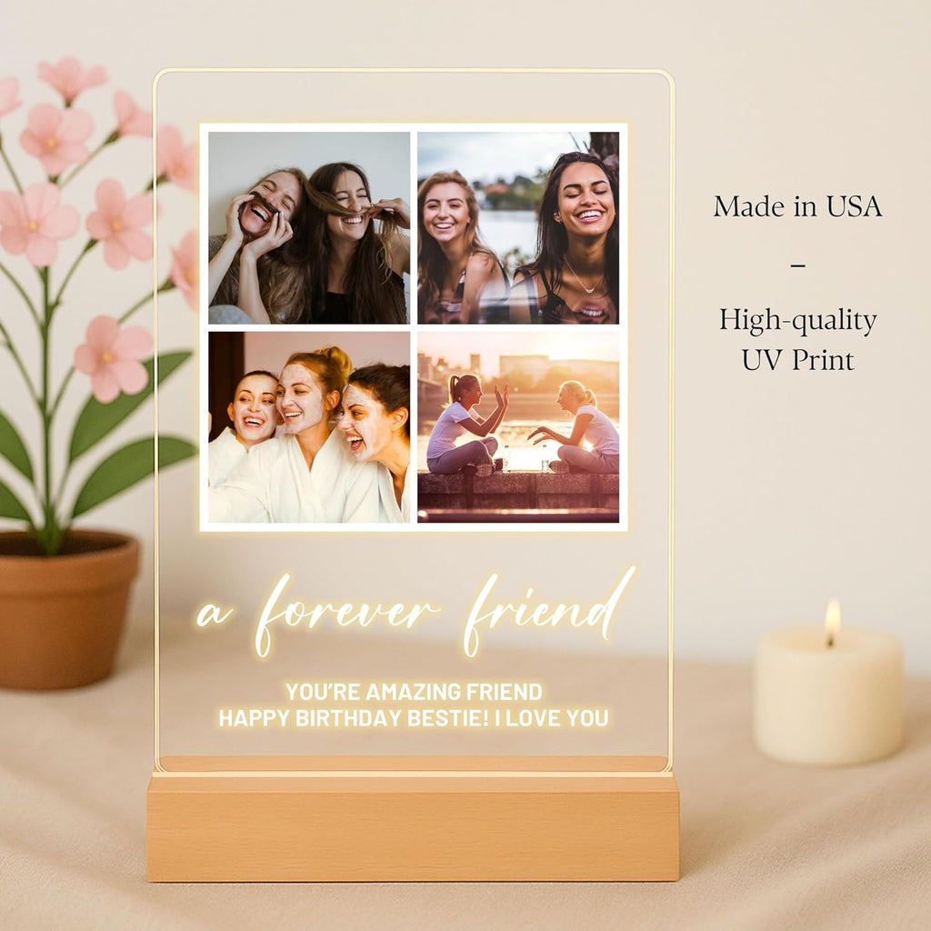 Personalized Photo Plaque Print with Wooden, Acrylic, Led Light Stand - Gift for Bestfriend for Her Gift for Him Photo Collage Bestie Gifts Custom Couples Gift Gifts for Wife, Christmas Gifts for Her, Thanksgiving Gifts