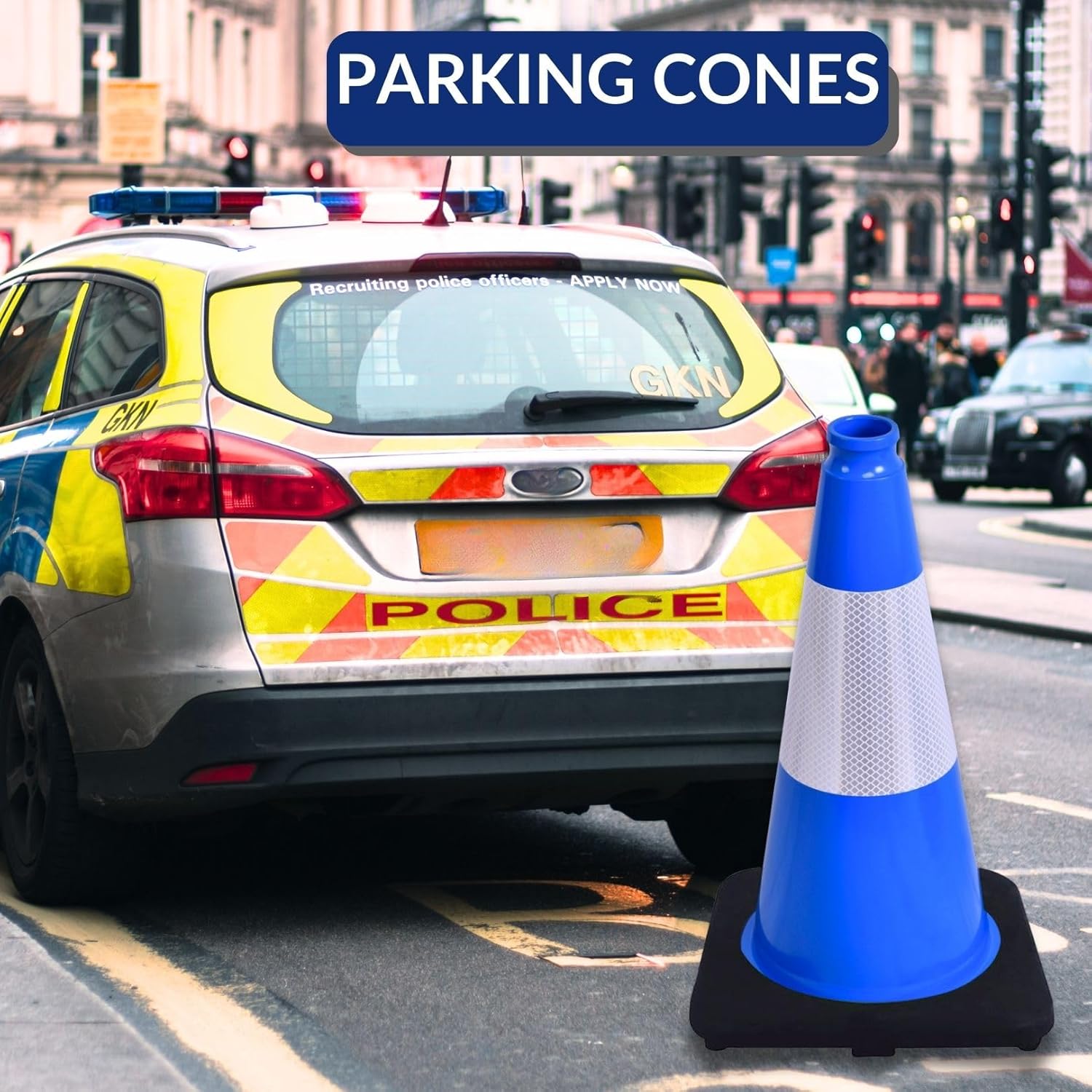 BESEA 6Pack 18 Inch Blue Traffic Cones with 6 Inch Reflective Collar, Heavy Duty PVC Safety Cones with 10.5 x 10.5 Inch Base for Parking, Driving Practice, Sports Training, and Construction