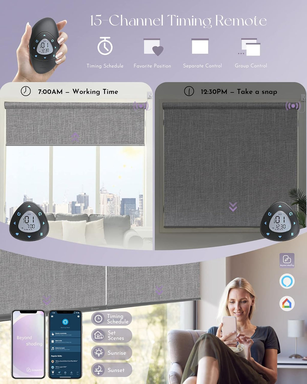 Graywind Motorized Shades 100% Blackout Compatible with Alexa Google WiFi Smart Hardwired Window Shade Remote Control Thermal Insulated Electric Blinds, Customized Size (Light Gray)