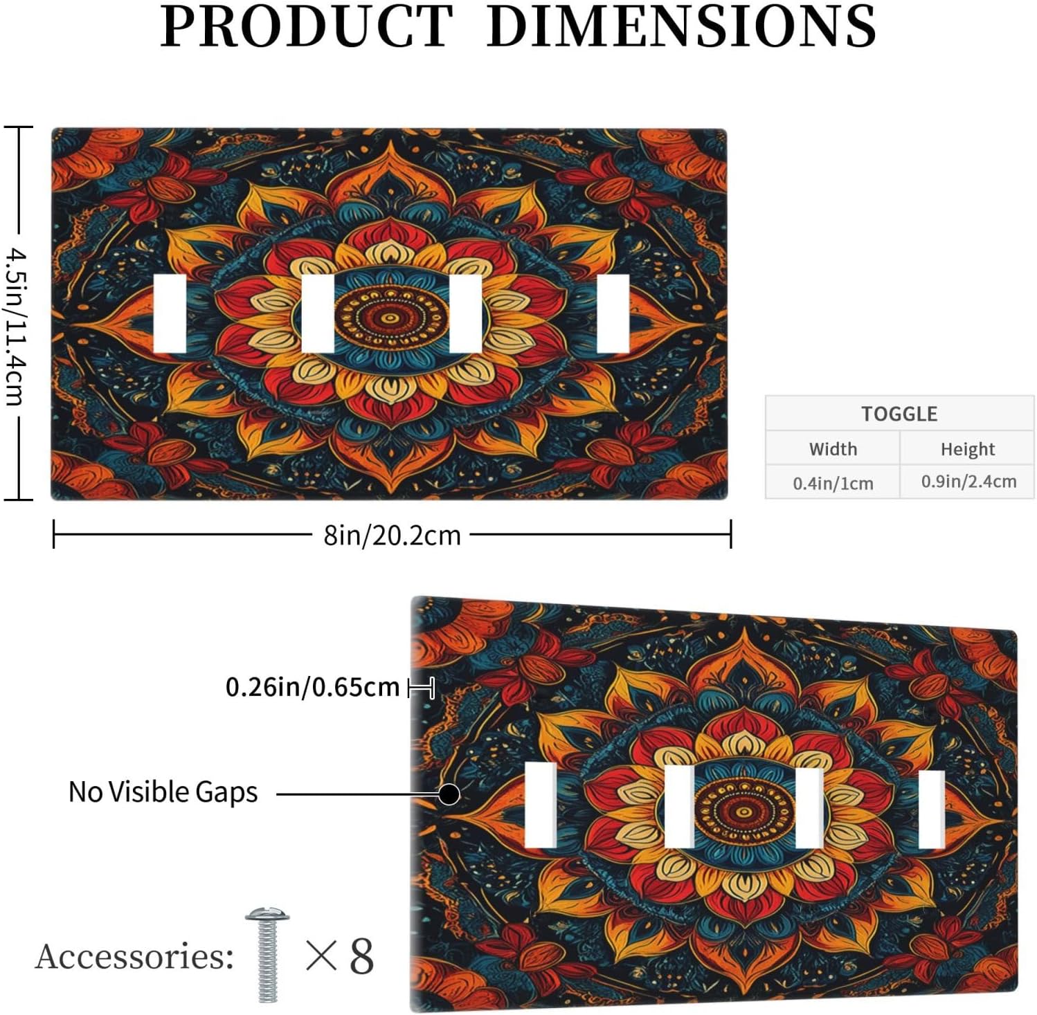 Light Switch Cover Plate Boho Colorful Mandala Quad Toggle Wall Plates Decorative Switch Plates 4 Gang Outlet Covers Electrical Panel Cover Faceplate for Home Decor 4.5 X 8 IN