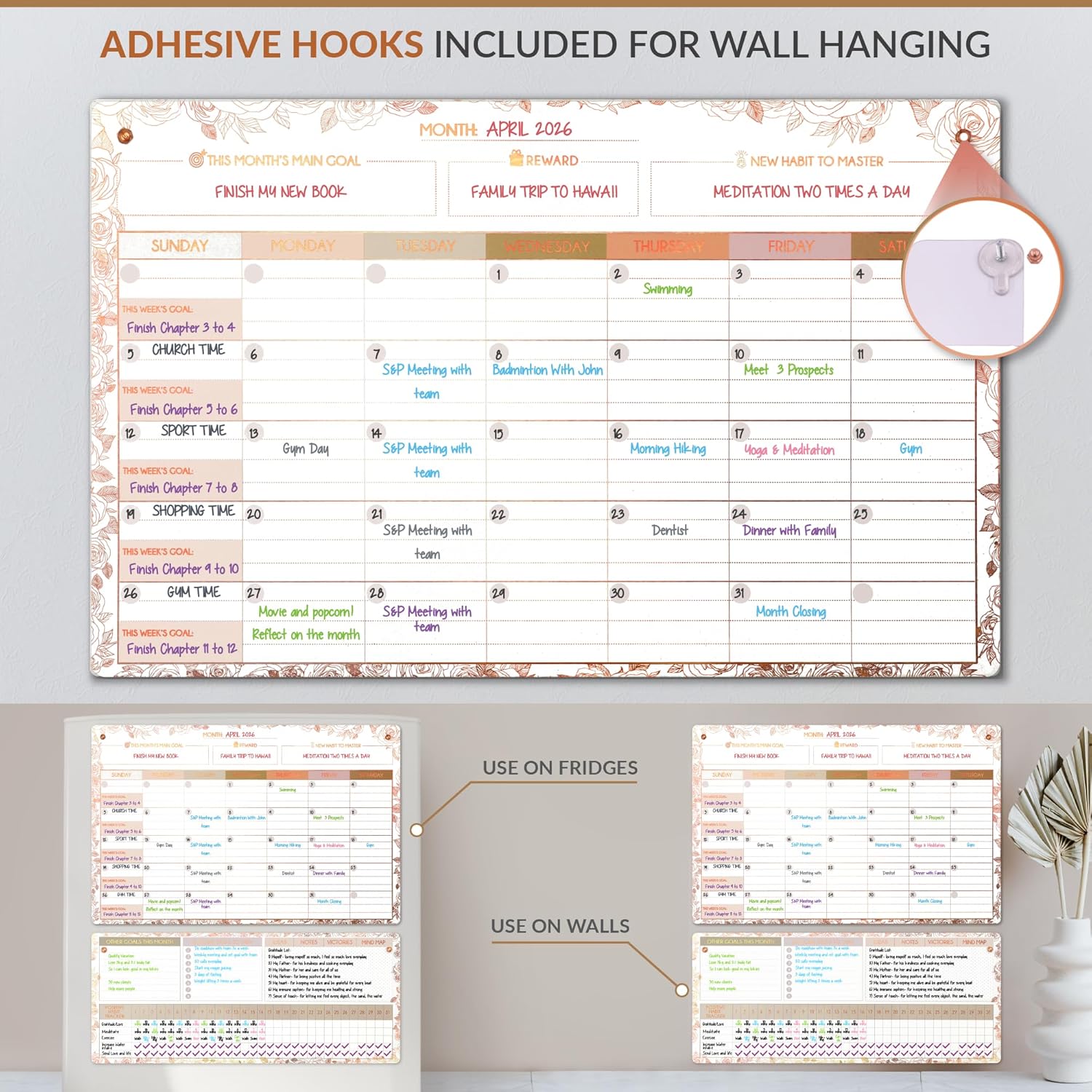 Magnetic Whiteboard for Fridge - Large Dry Erase Calendar for Wall | 3 Magnetic Dry Erase Board 10.5" x 16.5" & 7" x 16.5", Monthly Goal Setting & Habit Tracker, 5 Markers and 6 Adhesive Hooks