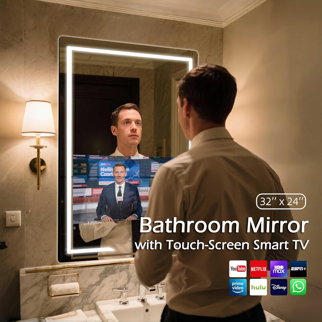 24x32 Inch Bathroom TV, Smart Vanity Mirror with 21.5'' Touch-Screen TV, IP66 Waterproof Defogging Mirror TV with 3 Color LED Light HDMI Android System for Bathroom Hotel Hair Salon (2025)