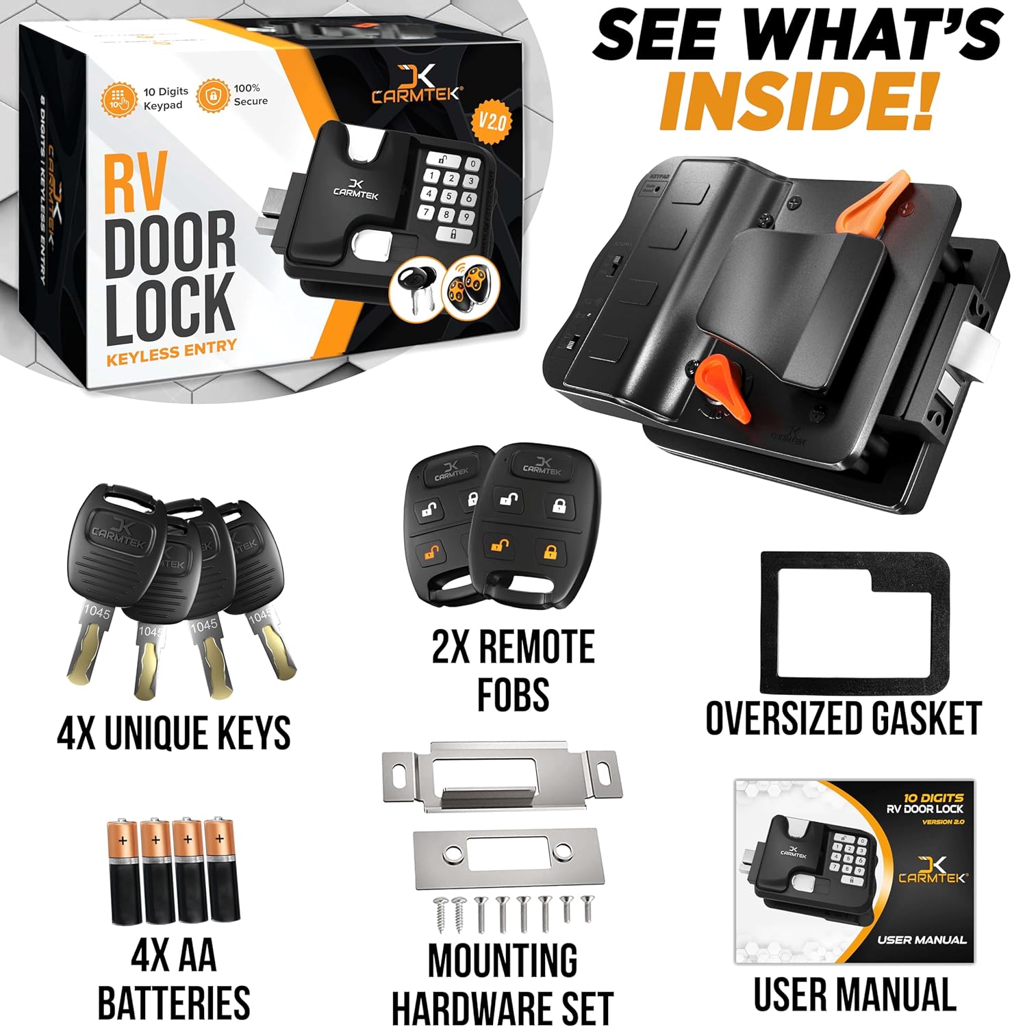 RV Keyless Entry Lock - 10 Digits V2.0 | Secure RV Door Lock Keyless Entry w/ 2 Inside Latches | Travel Trailer Door Lock Replacement w/ 2 Fobs, 4 Unique Keys | Only Fit 3.75" x 2.75" Lock Hole