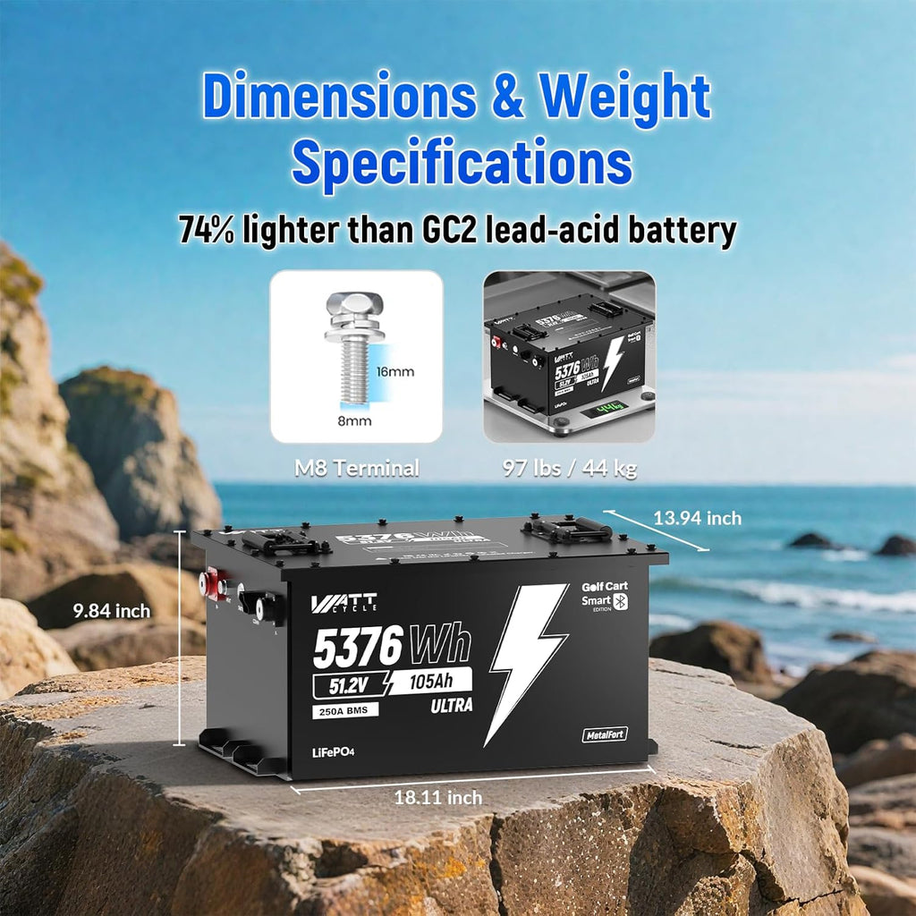 WattCycle 48V 105Ah Golf Cart Batteries 2 Pack, 48V Lithium Battery 250A BMS with 15A Charger, LiFePO4 Battery 15000+ Deep Cycles, IP65 Waterproof Marine Batteries, Built-in Bluetooth, Perfect for RV